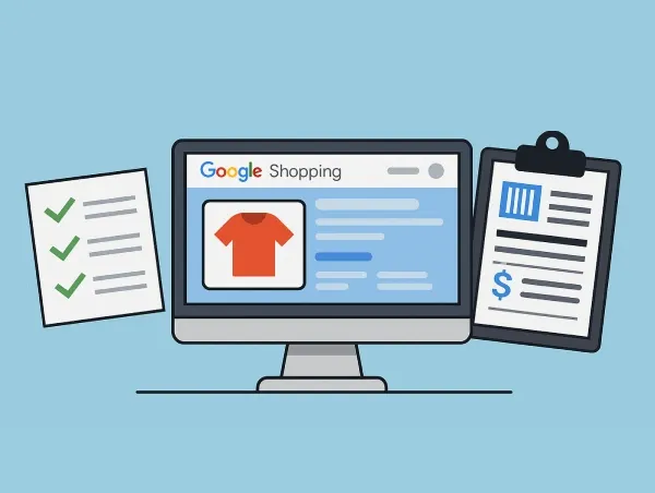 Illustration d'un site e-commerce avec le logo Google Shopping et une liste de tâches