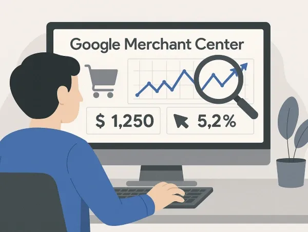 Illustration d'une personne devant son ordinateur avec Google Merchant Center