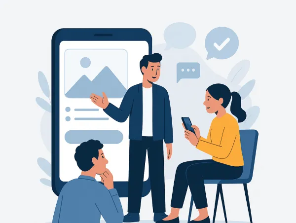 Illustration de 3 personnes devant un téléphone pour faire un test utilisateur dessus