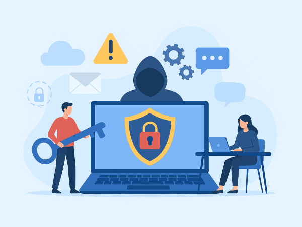 Illustration de deux personnes travaillant pour limiter les risques de cyberattaque