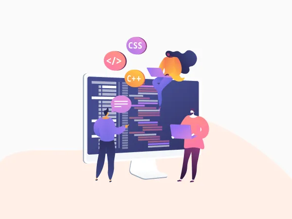 Illustration de trois personnes qui gèrent le développement web.