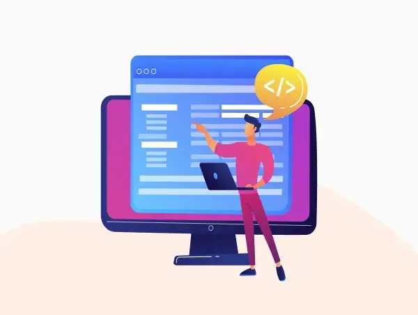 Illustration d'une personne devant un ordinateur qui code.
