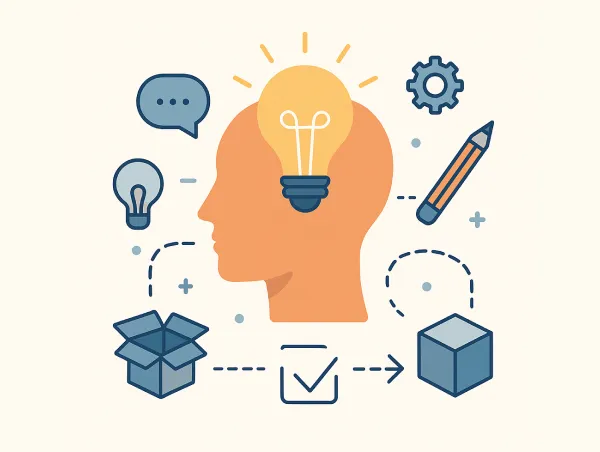 Illustration du design thinking avec plusieurs éléments : ampoule, crayon, réflexion...
