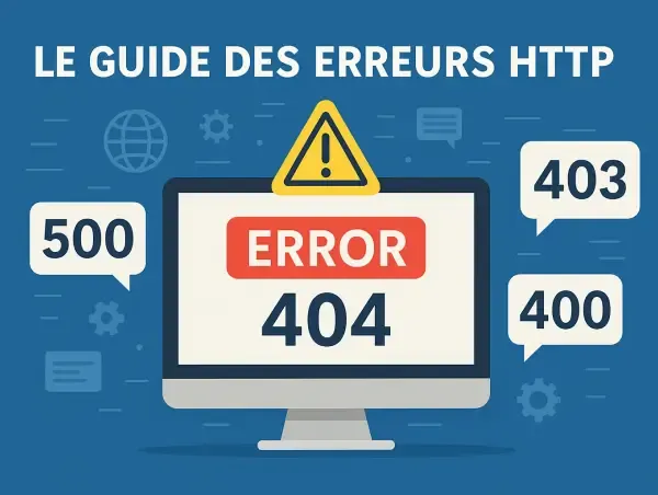 Illustration d'un ordinateurs avec le texte "Le guide des erreurs http" et quelques numéros