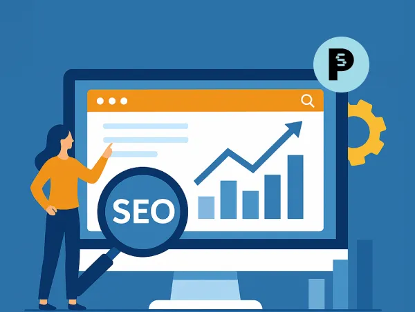 Illustration d'une personne devant un ordinateur avec PrestaShop et le logo SEO