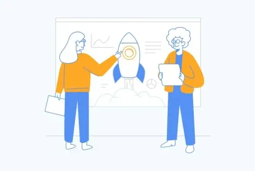 Illustration de deux personnes qui mettent des dossiers dans une fusée 