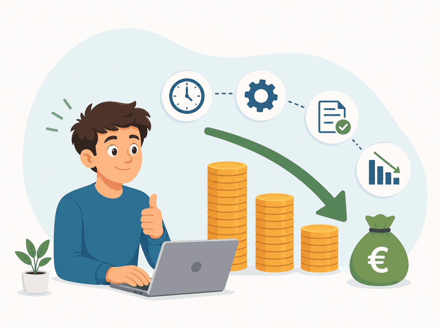 Illustration d'un personnage devant une pile d'argent qui baisse grâce aux workflows automatisés