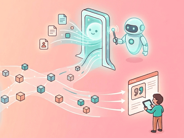 Illustration d'une IA comme ChatGPT et d'un personnage qui optimise son SEO sur son site