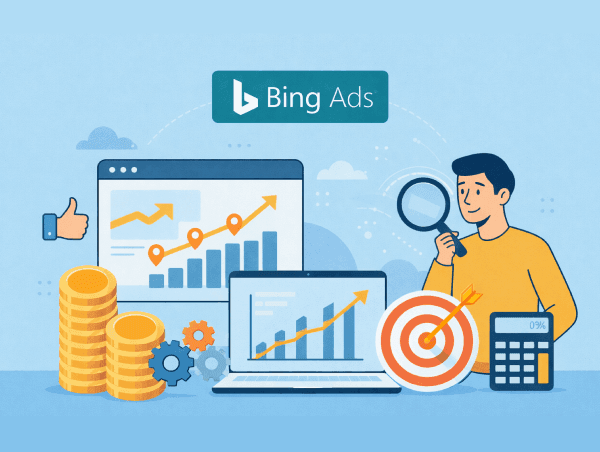 Illustration d'un homme avec le logo Bing Ads et des graphiques des résultats