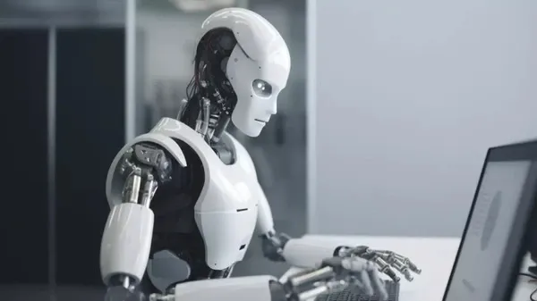 Image d'un robot comme ChatGPT écrivant sur un ordinateur