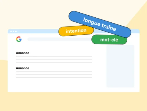 Illustration d'une page web avec les mots "mot-clé", "intention", "longue traîne"