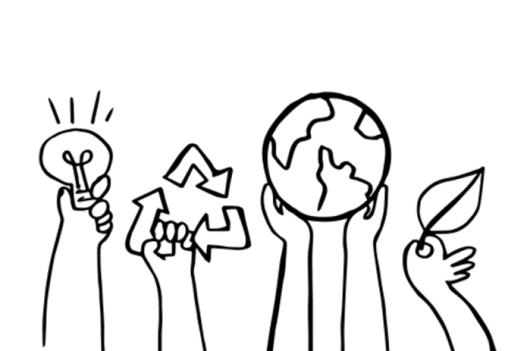 Illustration de 4 mains tenant des éléments importants de la biodiversité