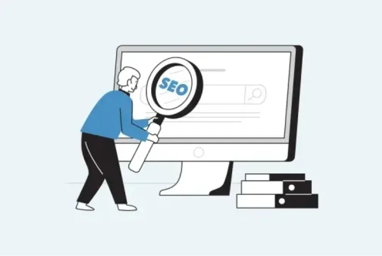 Illustration d'un personnage analysant ses résultats SEO sur son ordinateur