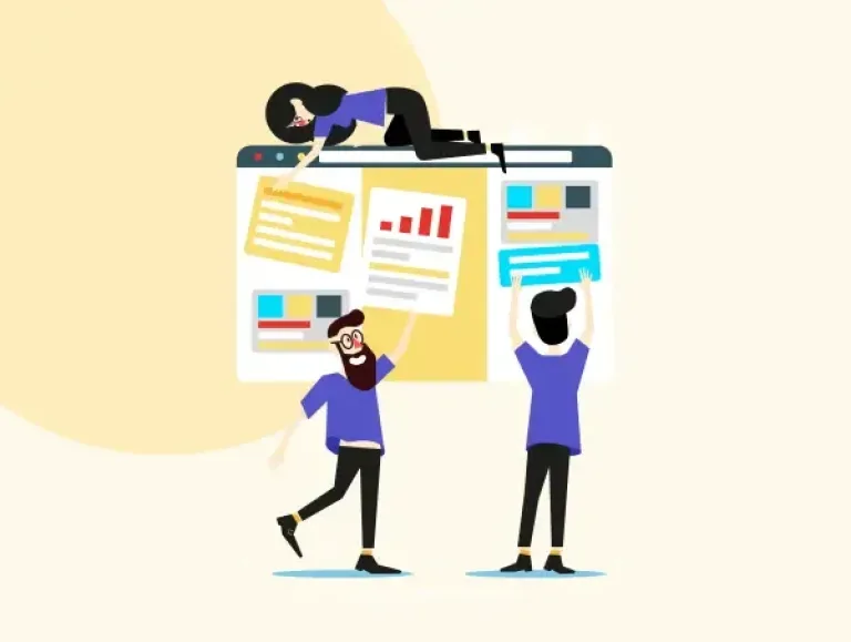 Illustration de trois personnes qui arrangent la cannibalisation SEO d'une page web.