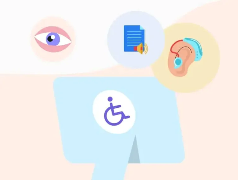Illustration d'un ordinateur avec le pictogramme handicapé, entouré d'autres illustrations