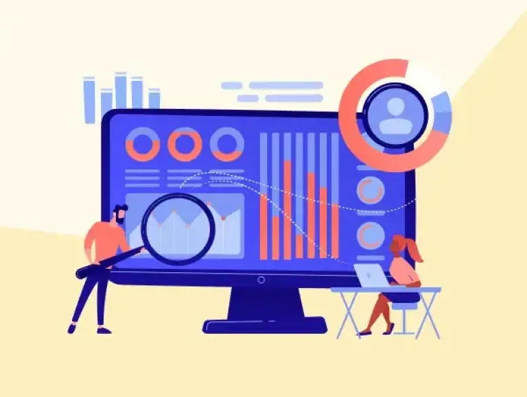 Illustration de deux personnes qui étudient les comportements utilisateurs sur analytics.