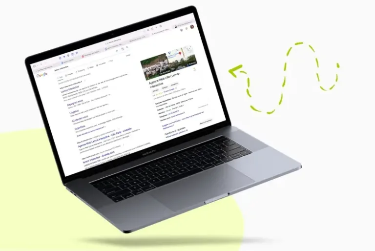 Ordinateur montrant une fiche Google Business Profile montrée par une flèche