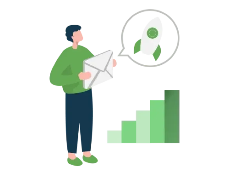 Illustration d'un personnage tenant un email avec l'ambition d'avoir des clients
