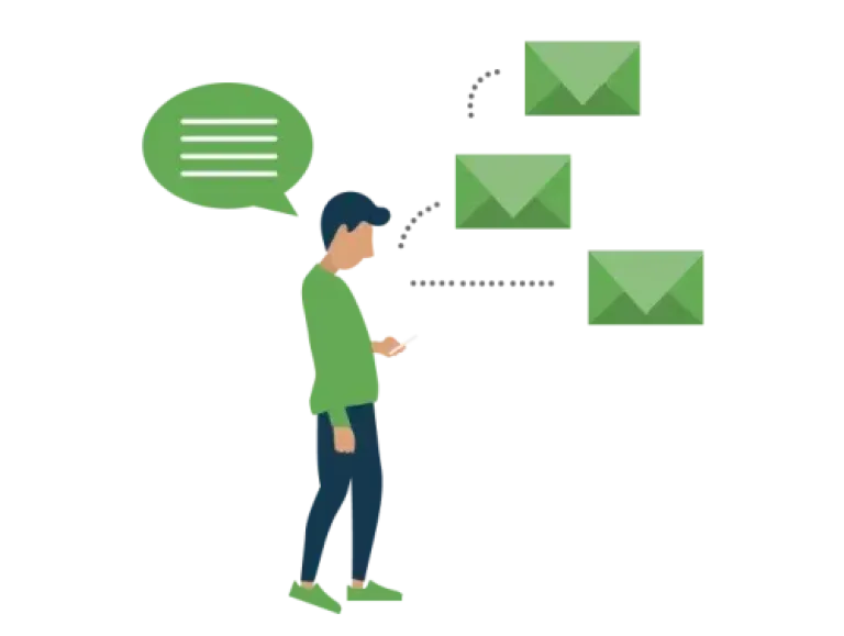 Illustration d'un personnage sur son téléphone envoyant différents emails