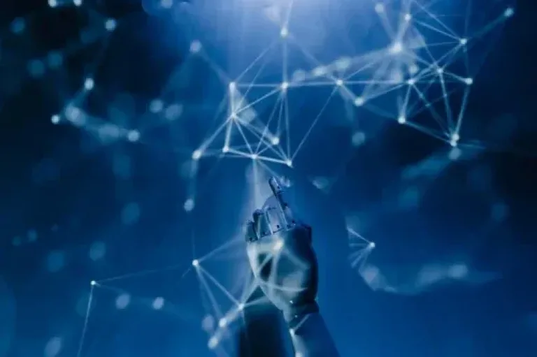 Image main de robot touchant les données : intelligence artificielle