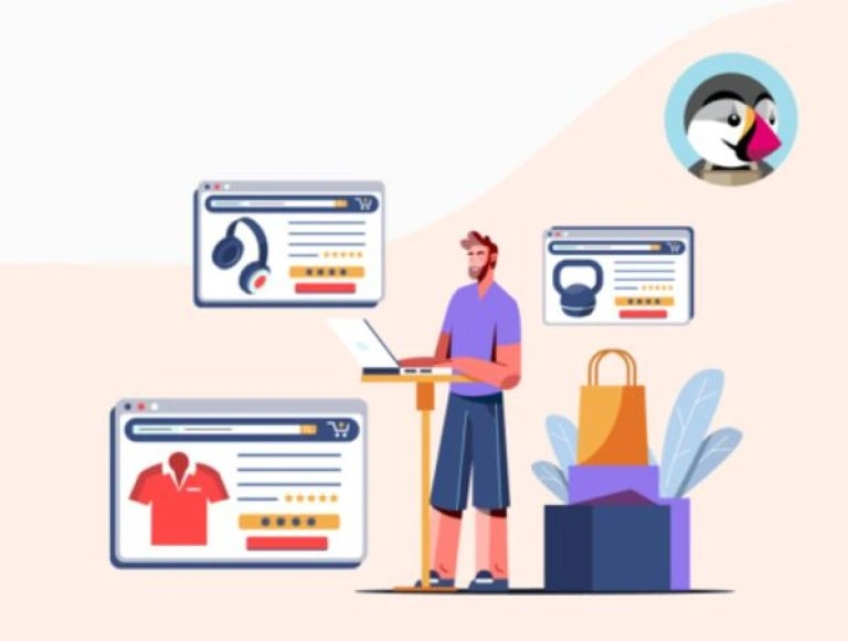 illustration de la migration d'une boutique prestashop avec un personnage et le logo prestashop