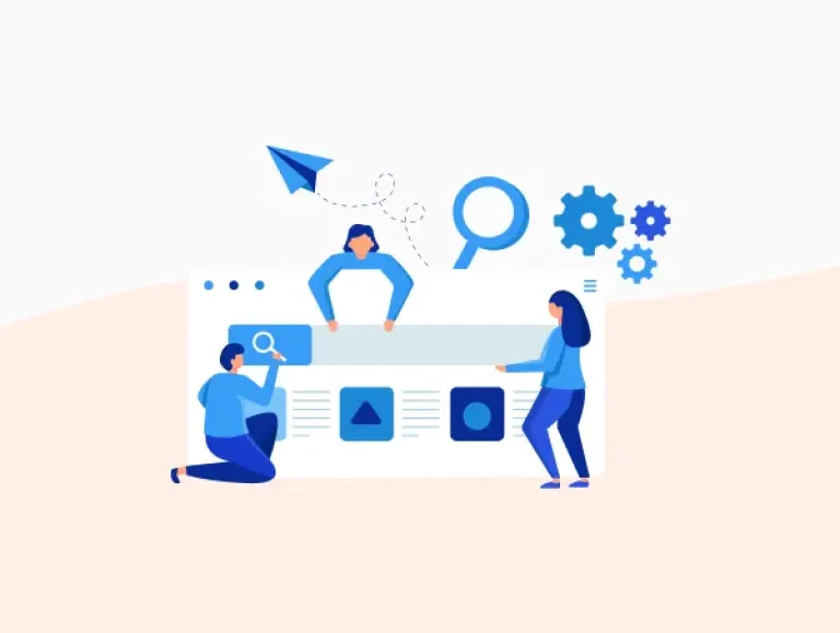 Illustration de trois personnes qui gèrent l'animation web pour améliorer le SEO