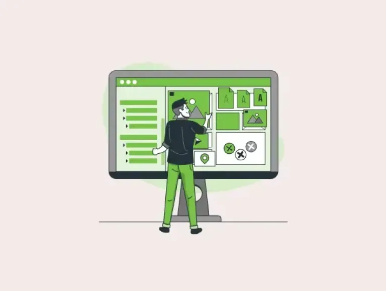 Illustration d'une personne interagissant avec une interface utilisateur sur un grand écran.