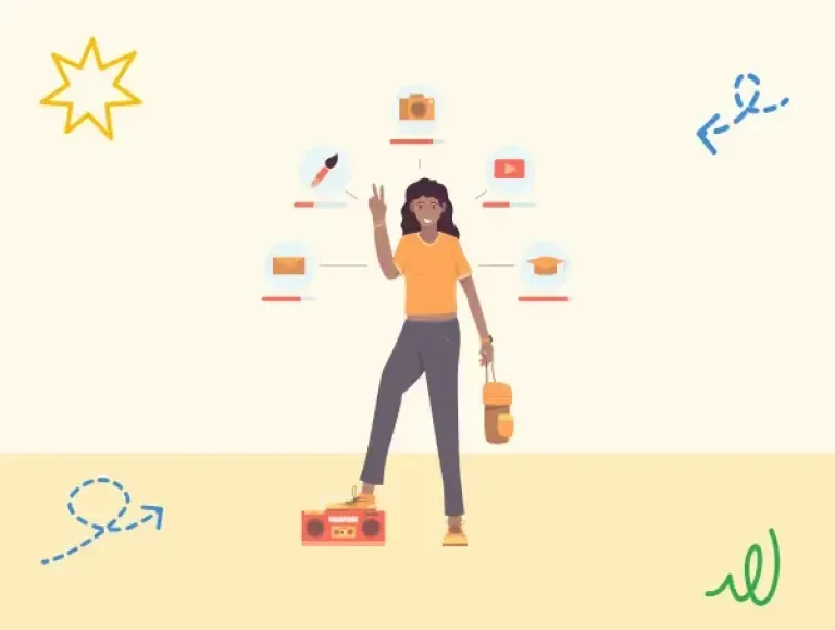 Illustration d'une femme avec des éléments d'un persona marketing autour
