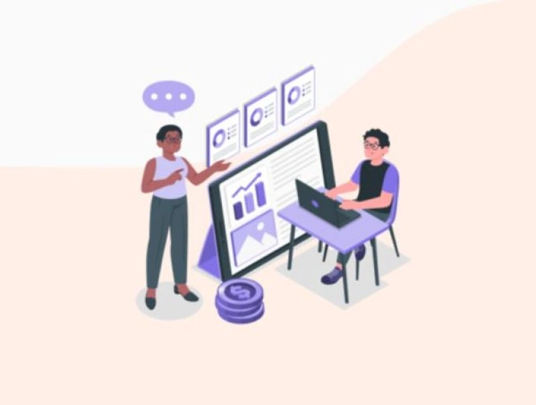 Illustration de deux personnes gérant les coûts d'optimisation de l'UX sur un PWA avec une tablette.