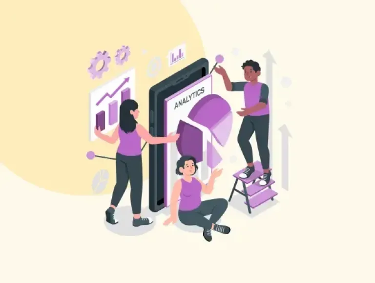 Illustration de trois personnes autour de statistiques 3D d'une page entreprise Facebook.