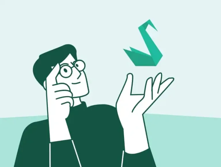 Illustration d'un homme qui tient dans sa main le logo Sylius pour son e-commerce