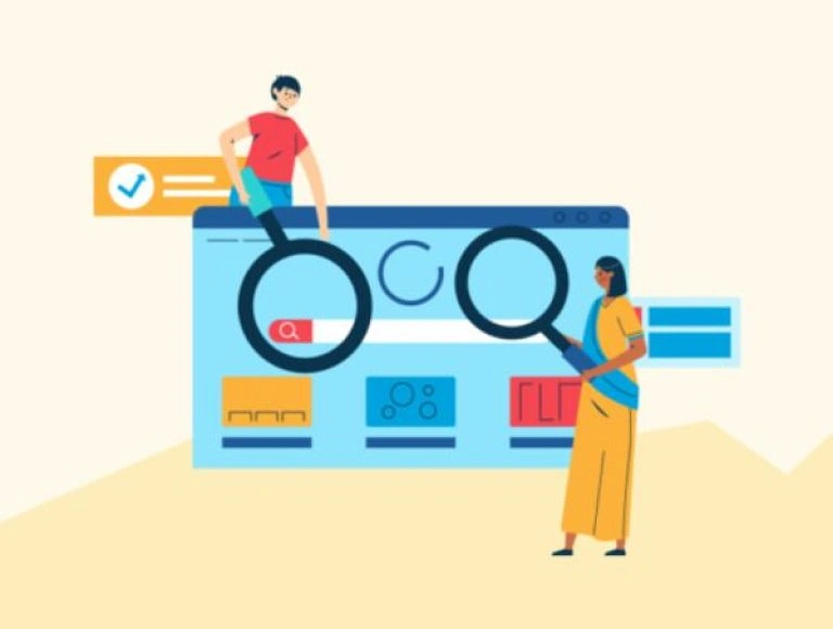 Illustration de personnes qui surveillent leurs liens pour la Link Spam Update avec des loupes.