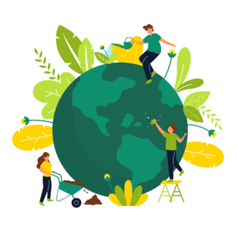 illustration de personnages prenant soin de la terre en la cultivant