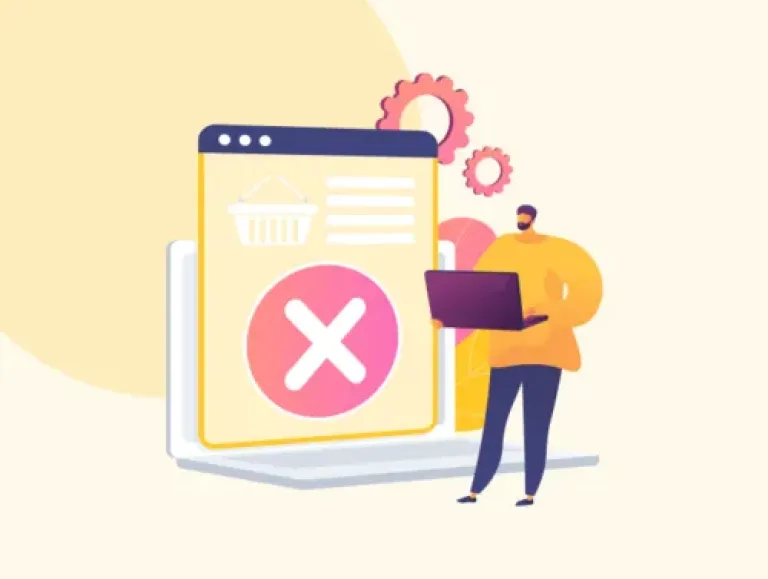 Illustration d'un personnage à côté d'une fiche produit désactivée sur un site internet.