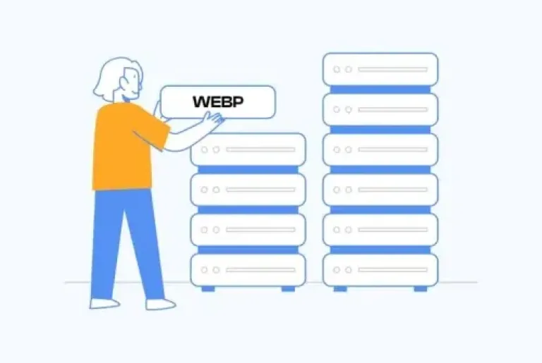 Illustration d'un personne qui prend un dossier sur lequel il est écrit Webp
