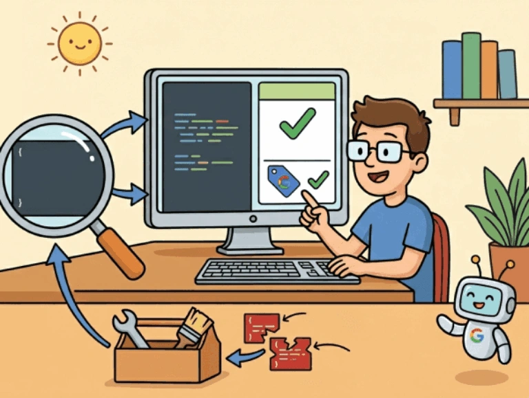 Illustration d'un homme montrant ses données structurées au robot Google sur ordinateur
