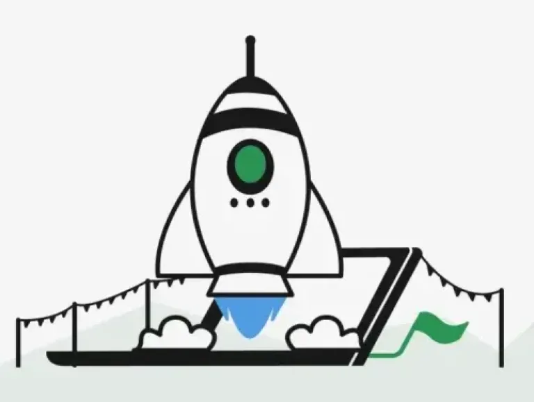 Illustration d'une fusée sortant d'un ordinateur portable pour évaluer la qualité d'un projet web.