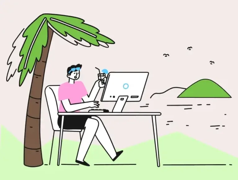 Illustration greenwashing : un homme sur son ordinateur dans la nature