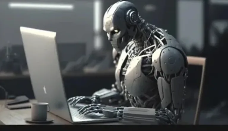 Image d'un robot surfant sur Internet, représentation physique de chatGPT