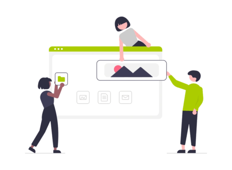 personnages qui disposent les éléments d'une page web