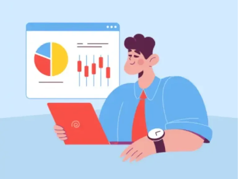 Illustration d'un homme devant un site e-commerce local avec des graphiques