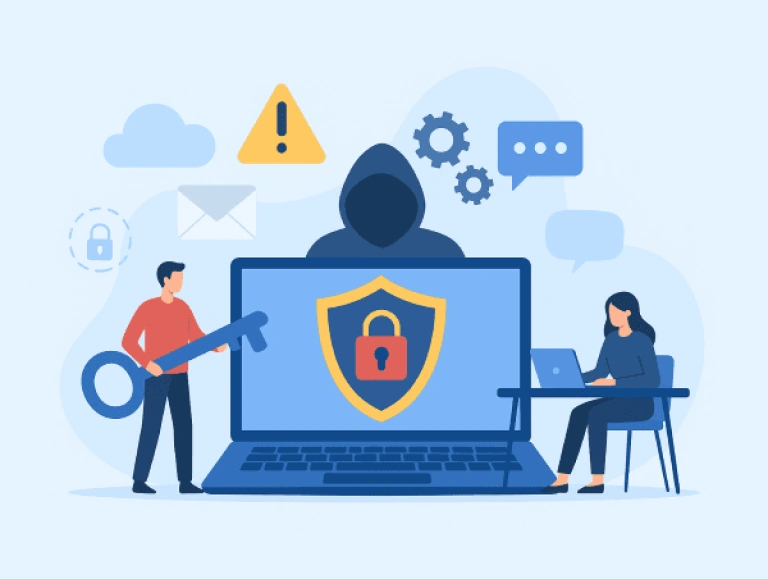 Illustration de deux personnes travaillant pour limiter les risques de cyberattaque