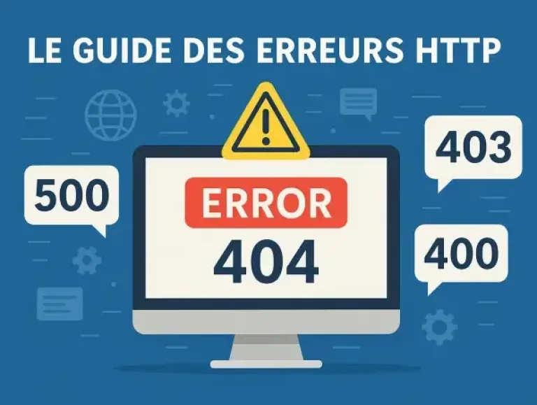 Illustration d'un ordinateurs avec le texte "Le guide des erreurs http" et quelques numéros