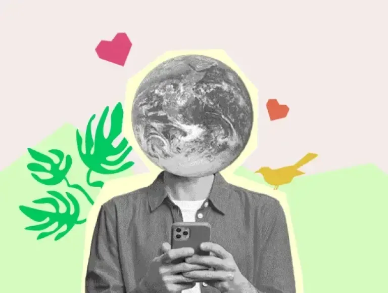 Image d'un homme sur son téléphone, réduisant son empreinte carbone, avec une tête de la Terre