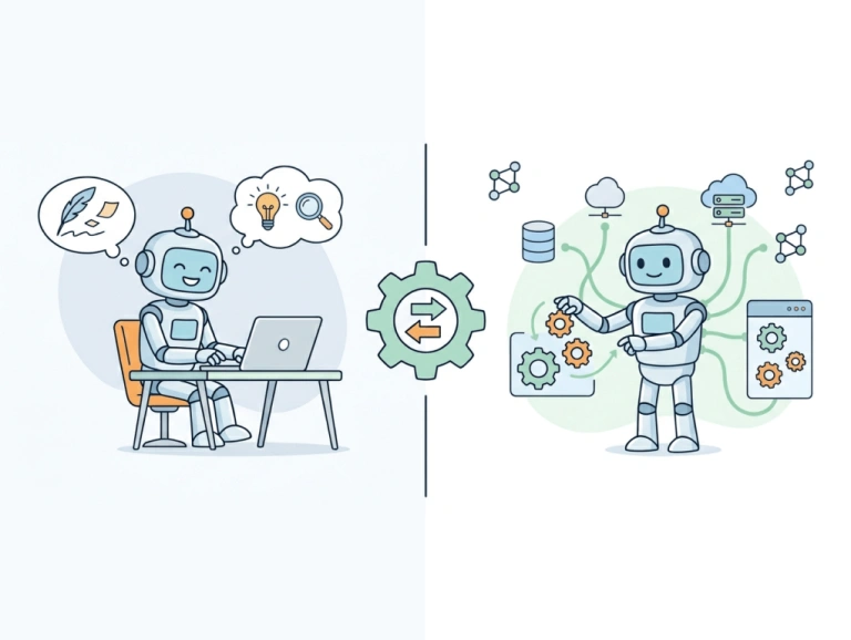 Illustration de deux robots (un assistant IA et un agent IA) en train de travailler avec différents éléments (ordinateur, rouages, ampoules...)