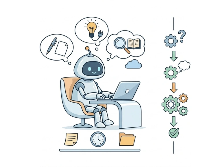 Illustration d'un robot sur son ordinateur en train de réaliser des tâches IA illustrées par une loupe, une ampoule, un stylo...