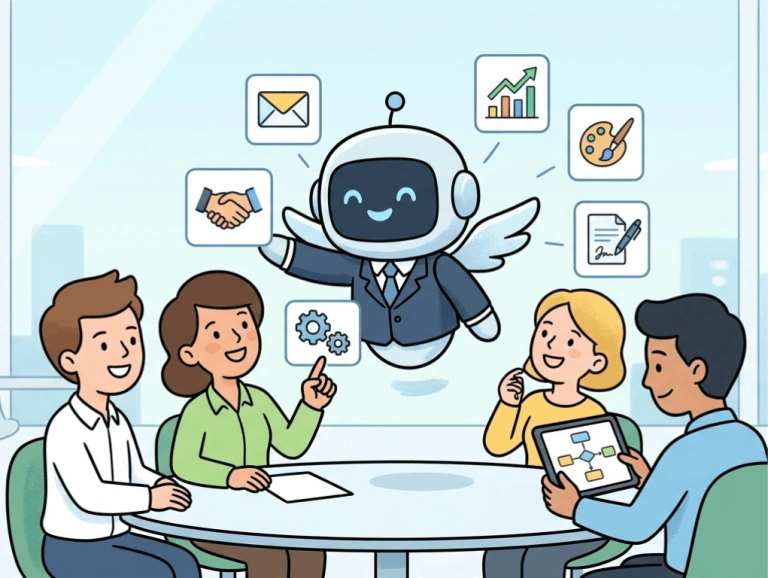 Illustration d'un petit robot représentant Claude discutant avec des personnes pour optimiser leur PME