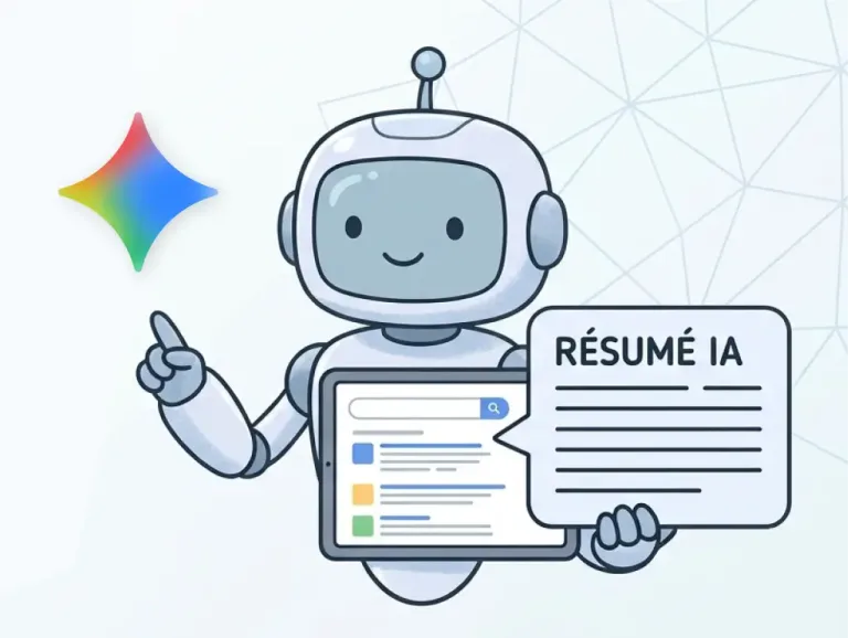 Image d'un robot AI overview de Google qui propose de découvrir un résumé IA
