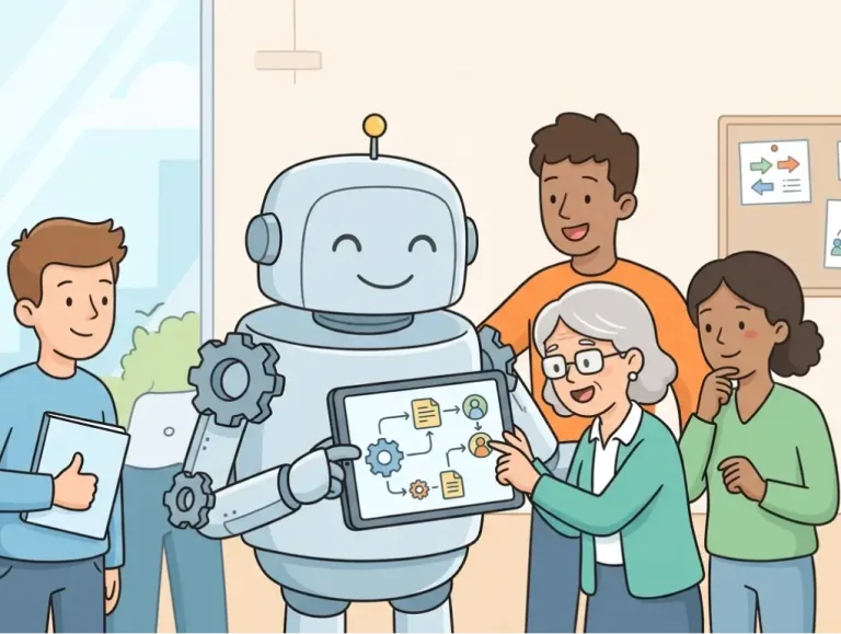 Illustration d'un robot IA faisant une formation d'utilisation IA pour entreprise PME