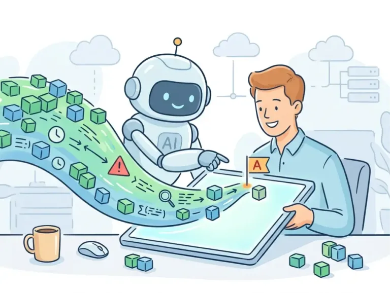 Illustration d'un robot montrant le flux de données et les différentes analyse de logs à l'ère de l'IA